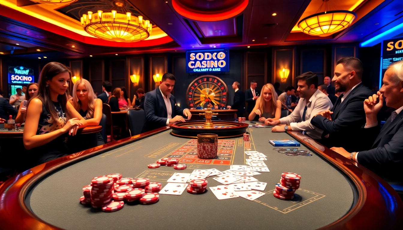 SODO CASINO 66 players enjoying an engaging moment at a vibrant gaming table filled with chips and cards.