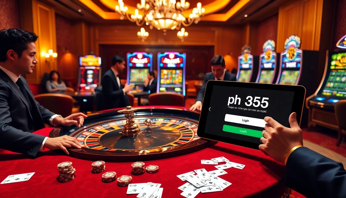 Players engaging in a high-stakes game at an elegant casino while experiencing ph365 login on a tablet.