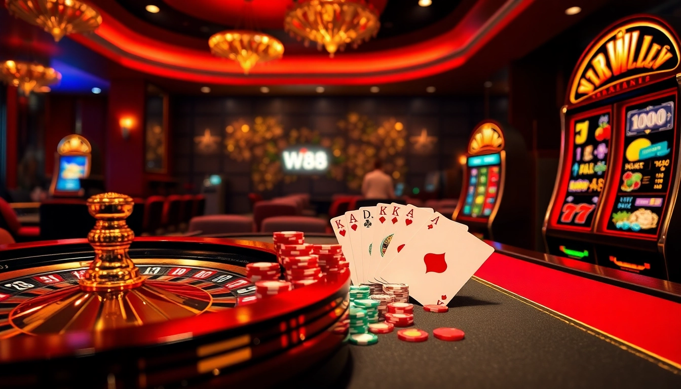Experience the thrill of gambling at Trang chủ WW88 with vibrant casino tables, roulette wheels, and animated slot machines.