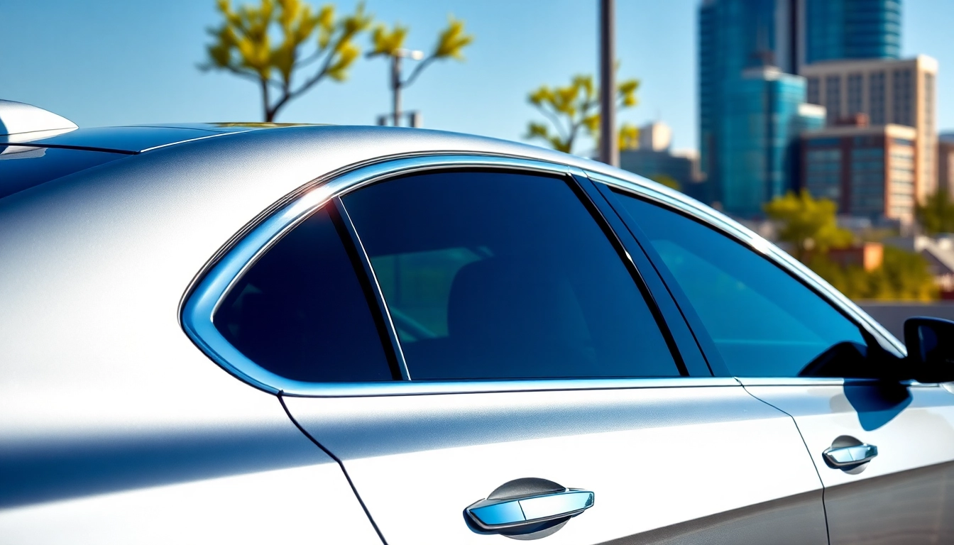 Showcase of the best window tint Chattanooga TN on a sleek car with a vibrant skyline.