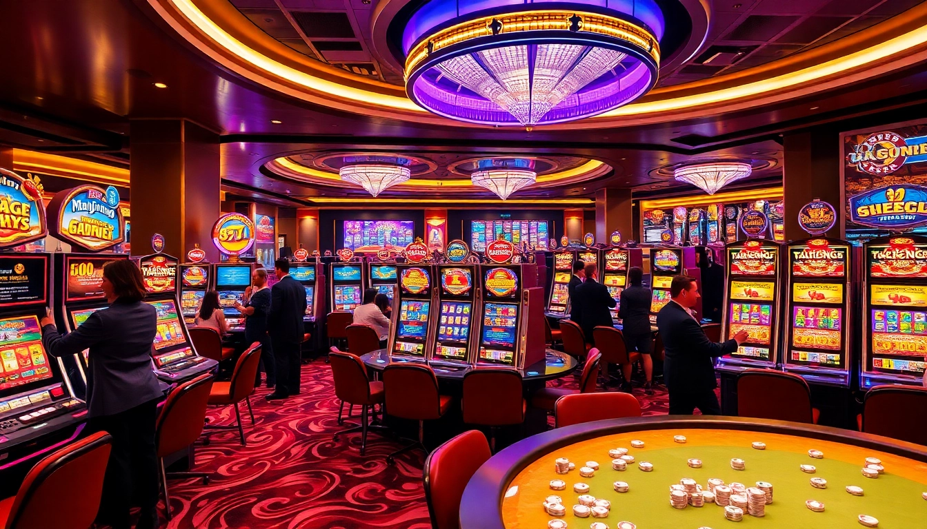 Experience demo gacor gaming action at a luxurious casino with vibrant slot machines and eager players.