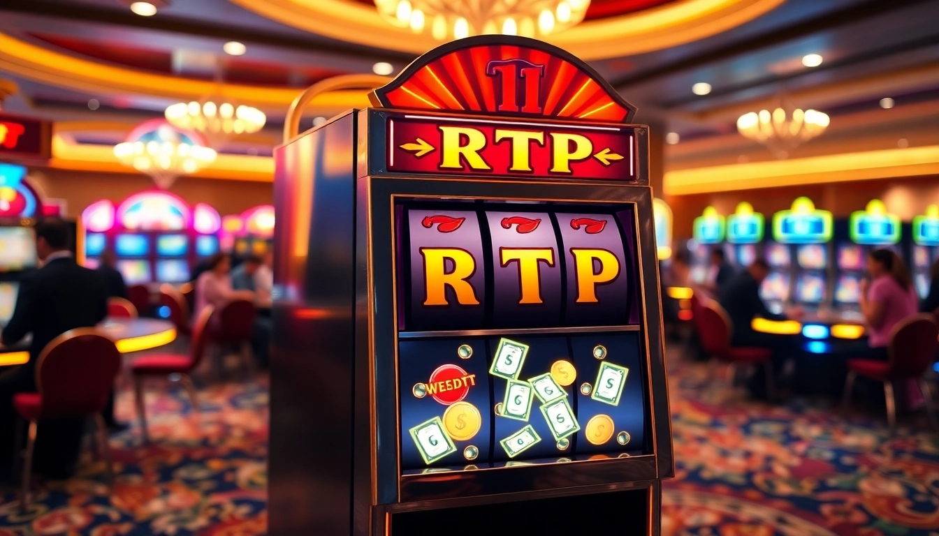 Engaging RTP slot machine in a vibrant casino setting surrounded by excited players.