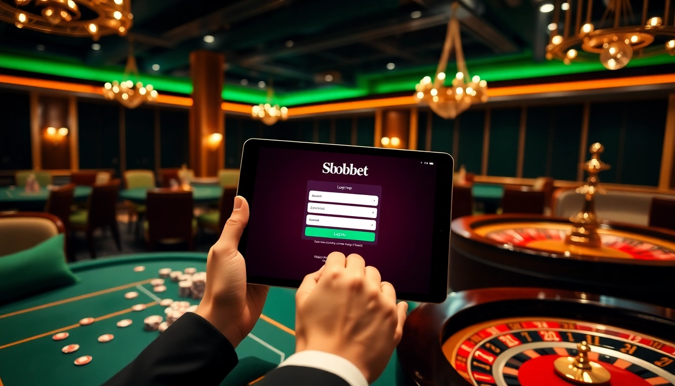 Engaging with sbobet login in a luxurious casino setting with elegant tables and chips.