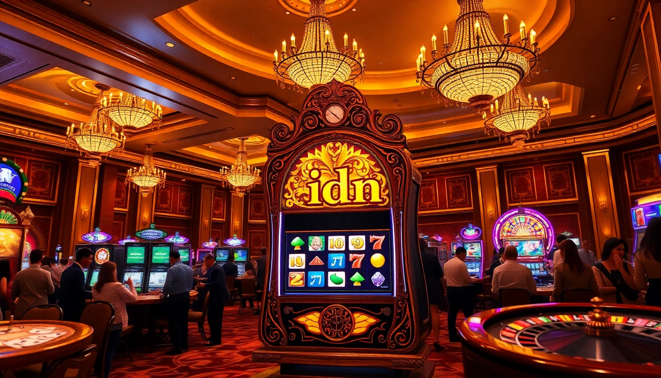 Gamblers enjoying the excitement of idn slot machines in a luxurious casino environment.