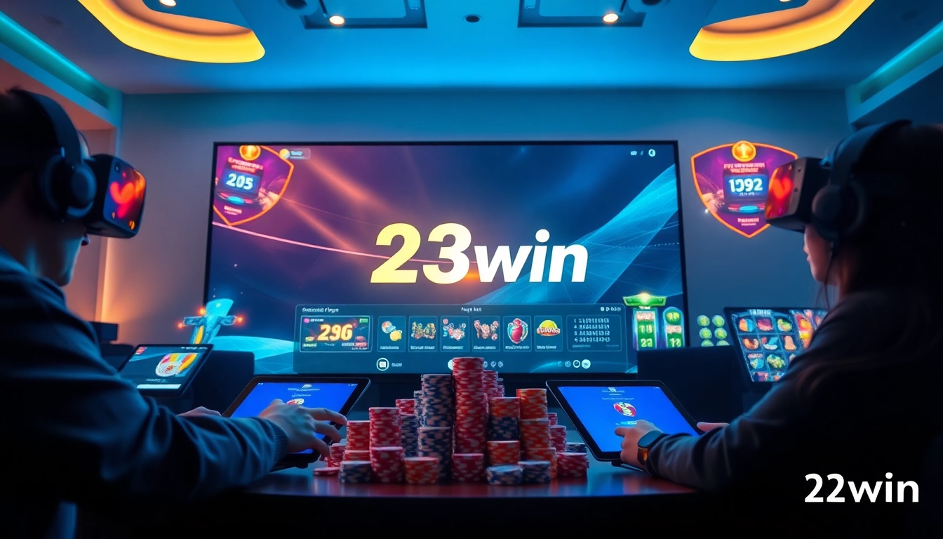Engaging scene of gamers enjoying 23win's online casino experience with vibrant gaming visuals.