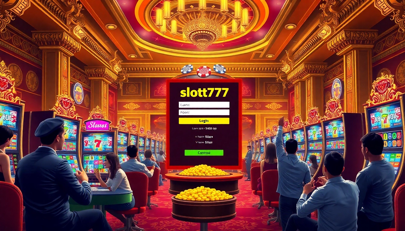 Engaging scene of slot777 login at a luxury casino with vibrant slot machines and excited players.