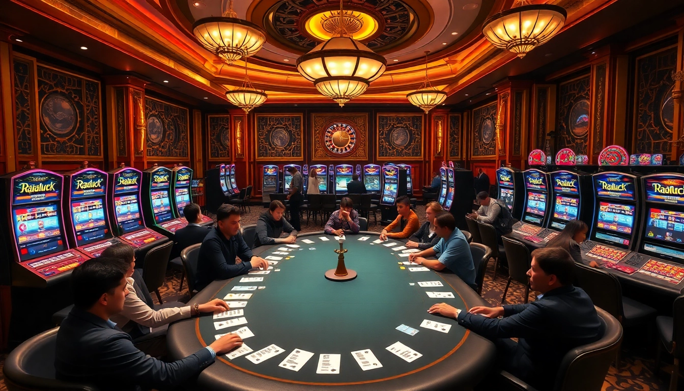 Players enjoying high-stakes poker at RAJALUCK casino with slot machines in the background.