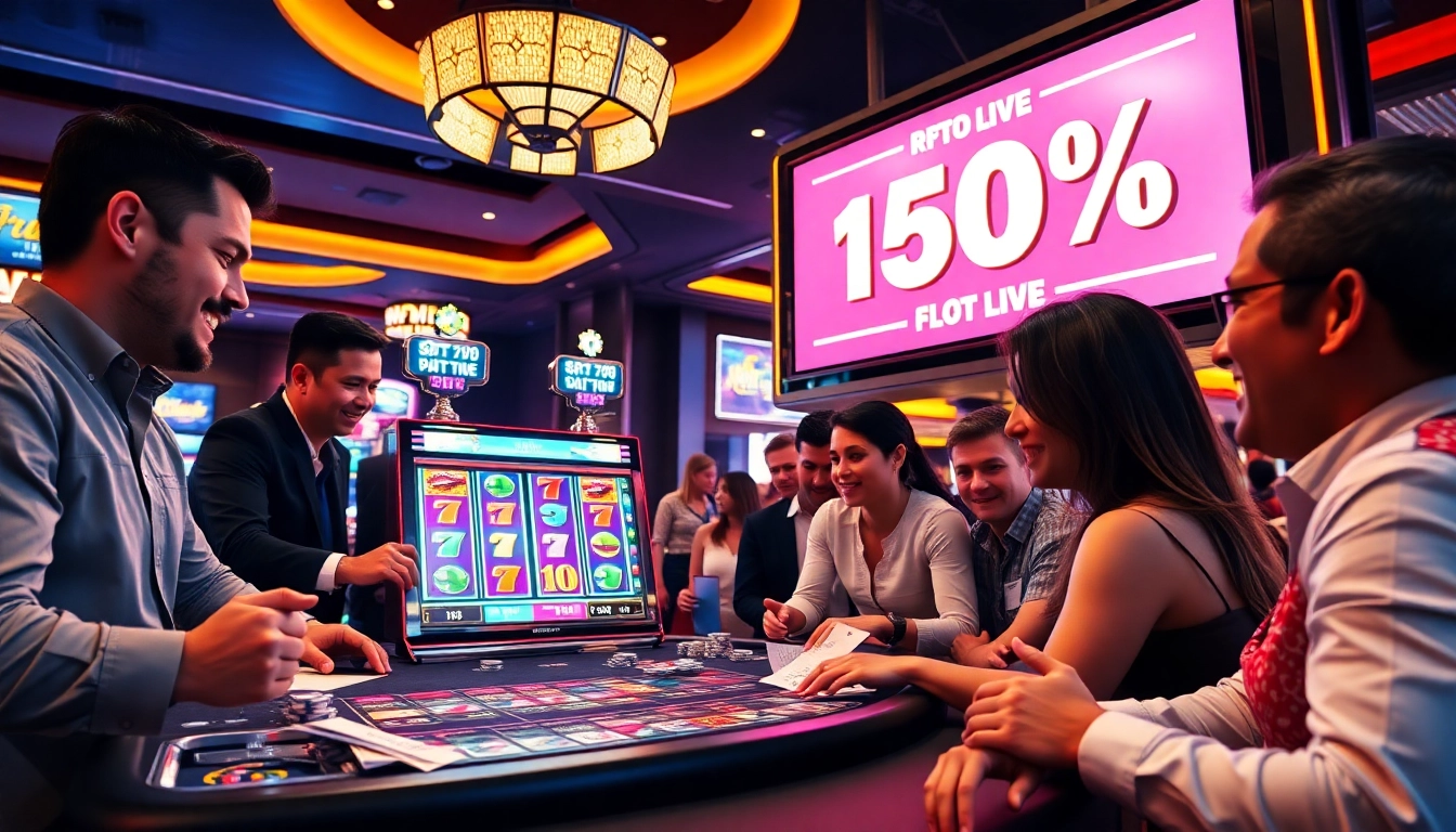 Exciting RTP Slot Live casino scene showcasing players engaging with vibrant slot machines and tables.