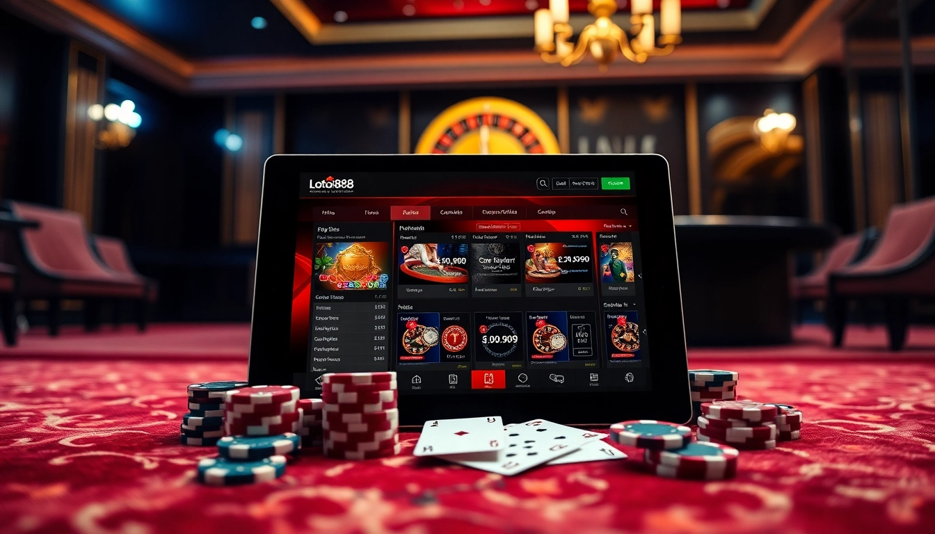 Loto188 online gambling interface showcasing a luxurious casino atmosphere with poker chips and roulette.