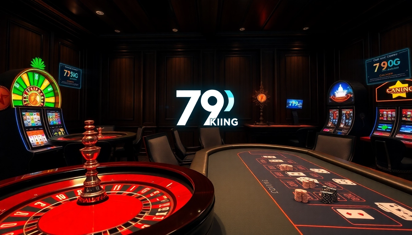 A vibrant gambling scene with 79king logo, showcasing a roulette wheel, poker table, and slot machines.