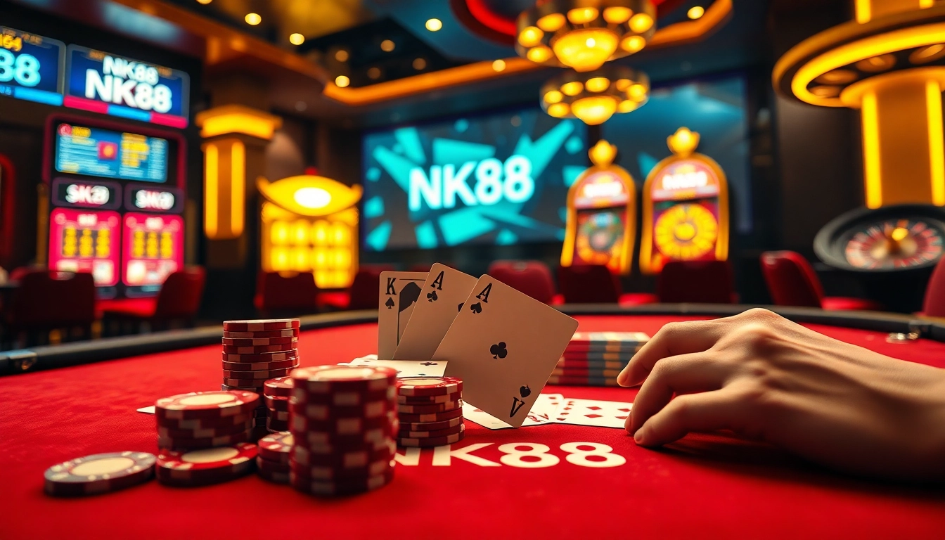 Placing bets on NK88 casino table with poker chips, cards, and digital betting interface