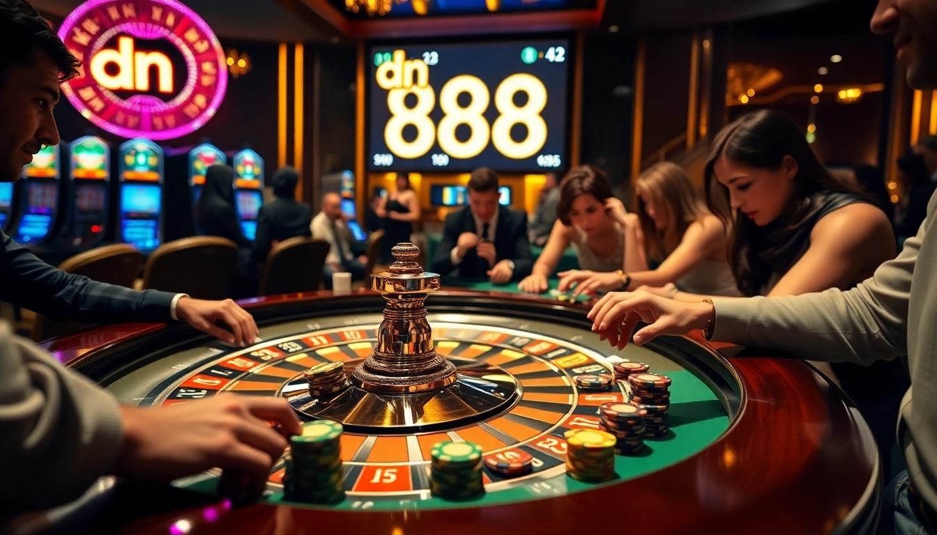 Experience the thrill of betting at dn 888's lavish casino tables with vibrant chips and excitement.