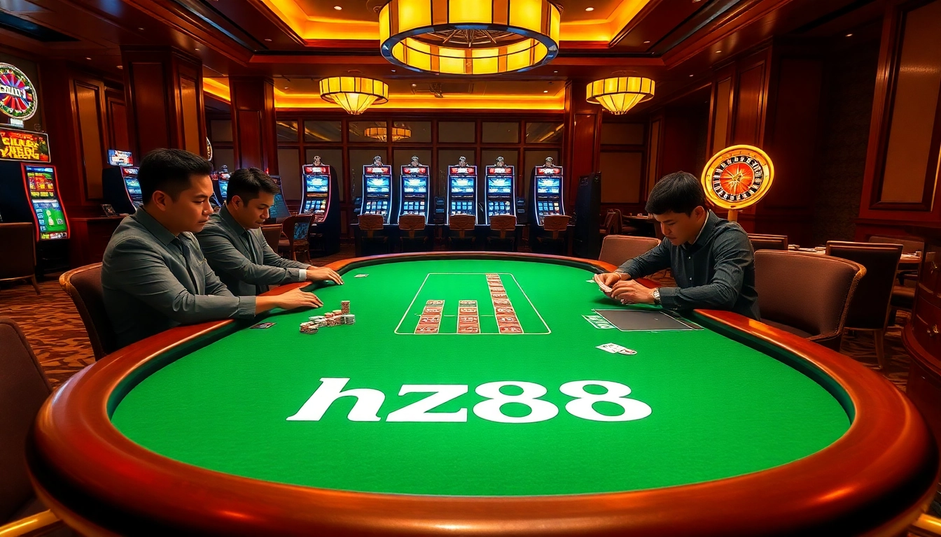 Players placing strategic bets on poker with https://hz88.forum/ branding in a luxury casino setting