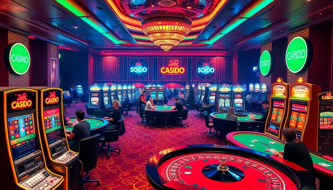 Excited players enjoying the vibrant atmosphere of SODO CASINO with roulette and slot machines.