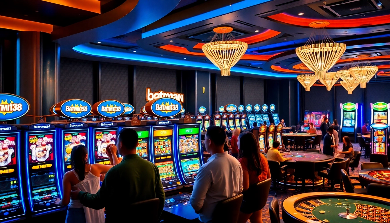 Exciting gaming experience at batman138 featuring vibrant slot machines and enthusiastic gamblers.