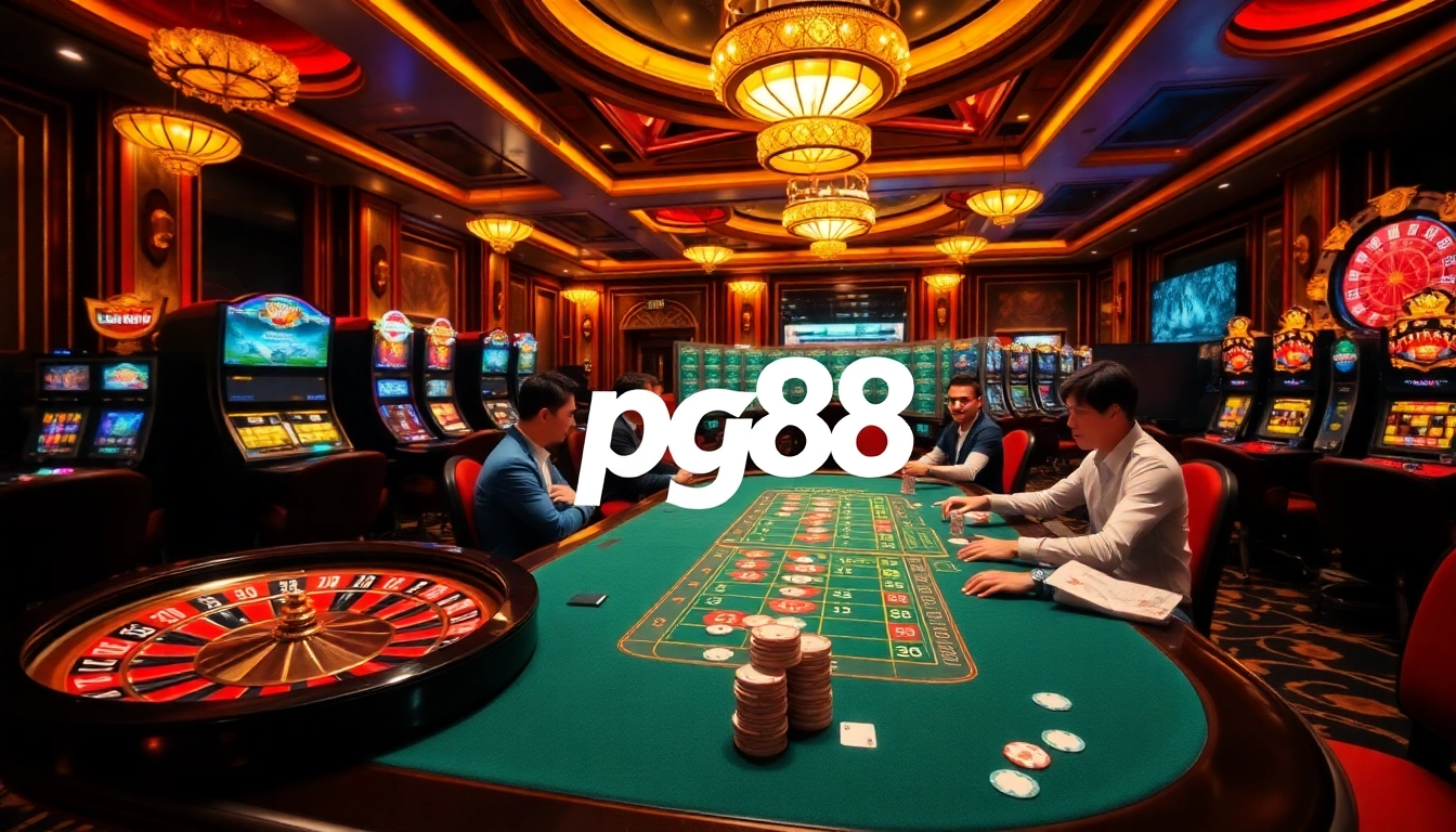 Exciting poker action at PG88 casino with vibrant slot machines and roulette wheel.